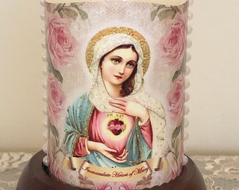 Immaculate Heart of Mary Flameless Votive Candle, Prayer Candle, LED Candle, Catholic Gift, Christian Gift, Nightlight, Vintage BVM