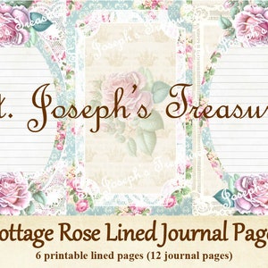 Cottage Rose Lined Journal Pages, Shabby Lined Pages, Vintage Floral, Junk Journal Pages, Printable, Digital Download, Shabby Chic Paper