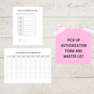 Könnte beinhalten: Ein druckbares Abholgenehmigungsformular und eine Masterliste. Das Formular enthält Felder, in die der Name und die Beziehung zum Kind der autorisierten Personen eingetragen werden können. Die Masterliste enthält Spalten für den Namen des Kindes, die autorisierte Person und die Beziehung zum Kind.