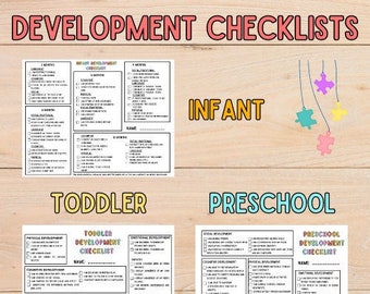 May include: A set of four printable checklists for infant, toddler, and preschool development. Each checklist is divided into categories such as physical, cognitive, social, emotional, and communication development. The checklists are designed to help parents and caregivers track their child's progress.