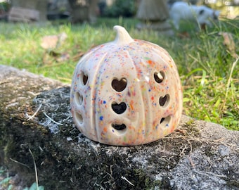 Round Rainbow Confetti Pumpkin Luminary | Ceramic Pumpkin Luminary | Multicolor Pumpkin Decor | Ceramic Luminary | Fun, Groovy Pumpkin Decor