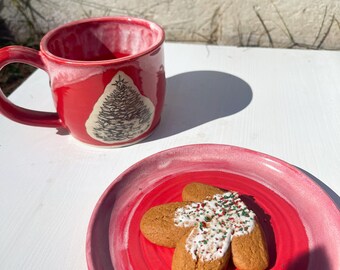 Red and White Santa Claus Milk and Cookie Set | Mug and Plate Set | Christmas Tree Mug | Handmade Ceramic Mug Plate | Cute Unique Mug