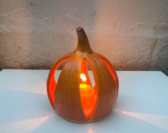 Round Orange Pumpkin Luminary | Ceramic Pumpkin Luminary | Orange Pumpkin Decor | Ceramic Luminary | Thanksgiving Pumpkin Decor