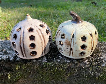 Light Pink & Brown and Green Pumpkin Luminaries | Ceramic Pink Pumpkin Decor | Ceramic Luminary | Fun Green and Pink Pumpkin Decor