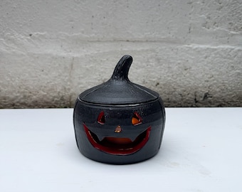 Black and Red Jack o Lantern | Small Ceramic Pumpkin | Ceramic Luminary | Pumpkin Jar | Handmade pumpkin | Vampire Jack o Lantern