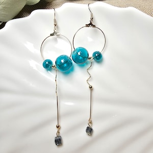 Quirky Long Earrings, Turquoise Glass Earrings, Original Hand Blown Glass Ball Asymmetric Style Jewellery.