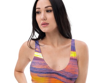 Padded Bikini Top Tropical Sunset, Super Comfortable, New Fabric from Recycled Plastic