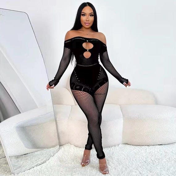 Fishnet Mesh Lace Jumpsuit Black Sheer Lace High Neck Long Sleeve