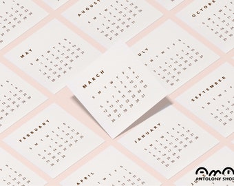 May include: A collection of square, minimalist calendars, each displaying a different month. The calendars are printed in a simple, sans-serif font with brown ink on a cream-colored paper. The months visible include March, May, July, and others.