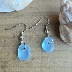 Teardrop Blue Sea Glass Dangle Earrings