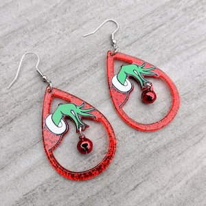 Grinchy Hand and Bell Acrylic Earrings