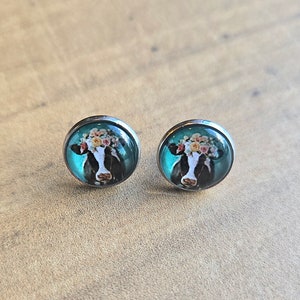 Cow and Flowers Stud Earrings