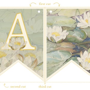 May include: Printable banner with a large letter A in a cream color with a gold outline. The background is a watercolor image of white water lilies with green leaves. The banner is designed to be cut out and assembled.