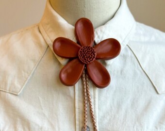 handmade oversized terracotta flower bolo tie, terracotta, tan, brass