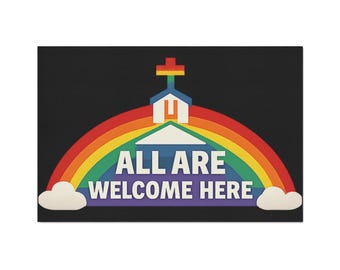 All Are Welcome Here Doormat, Rainbow Church Pride Floor Mat, LGBTQ Inclusive Entryway Rug, Christian Ally Decor