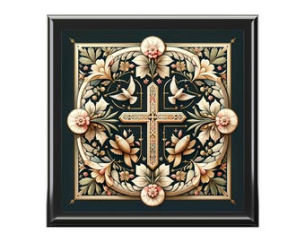 Religiöse Schmuckschatulle mit Kreuz, Blumen- und Fischsymbolik, Kommunionkonfirmation, Andenken, elegantes Geschenk