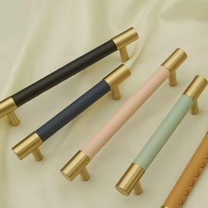 Solid Brass Leather Cabinet Pull, Kitchen Drawer Knob