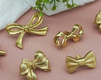 Brass Bow Dresser Knobs: Gold Cabinet Drawer Pulls, Unique Hardware