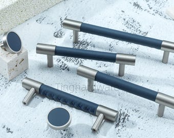 Tirador de cuero azul oscuro para gabinete: tirador de cajón de níquel, herrajes de cocina de latón
