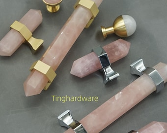 Pink Crystal Cabinet Pull, Luxury Stone Drawer Knob, Brass Closet Handle