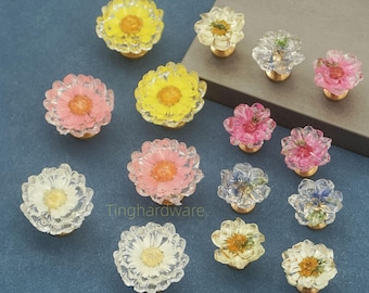 Resin Flower Drawer Knob: Dried Flowers cabinet pulls , Brass Base dresser handle