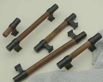 カスタマイズされたウォールナット木製引き出し取っ手ノブ、木製キャビネットハンドル、真鍮ブラックニッケルプルハードウェア