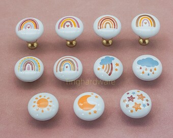 Ceramic Rainbow Cabinet Knob: Children's Dresser Drawer Pull, Moon & Sun Decor
