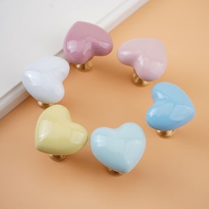 Heart Ceramic Knobs Kids Children Drawer Knobs with brass base / Knobs for Ikea drawers / Dresser Drawer Knob Pull Handles