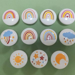 Ceramic rainbow Cabinet knobs, childrens drawer knobs ,Moon drawer handles, sun Kitchen handle decor, cabinet knobs, knobs for drawers