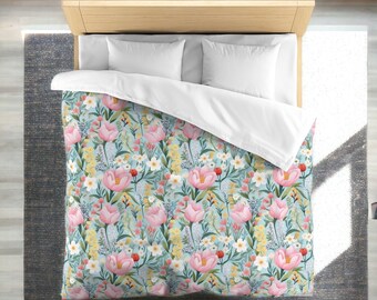 Housse de couette florale King Preppy Stuff Dortoir Essentials Housse de couette Queen bleu sarcelle Literie Housse de couette Twin Gift pour adolescentes Floral Decor