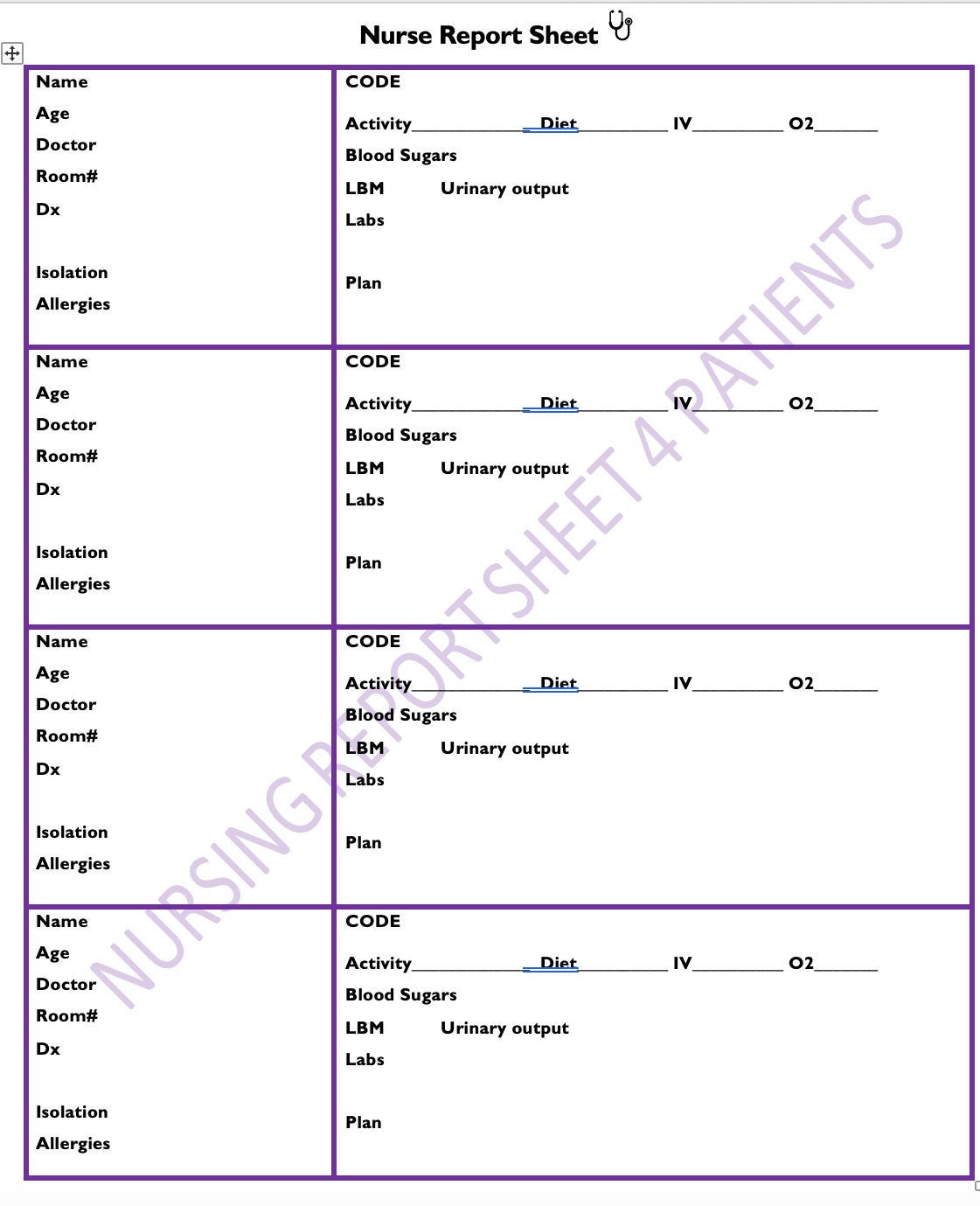 Nursing Report Sheet Plain Etsy