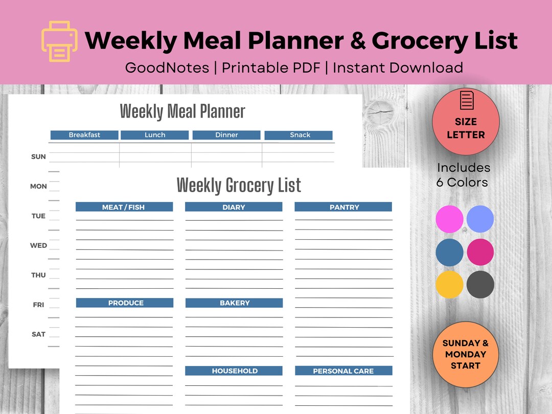 Meal Planner and Grocery List Printable Weekly Food Planner - Etsy ...