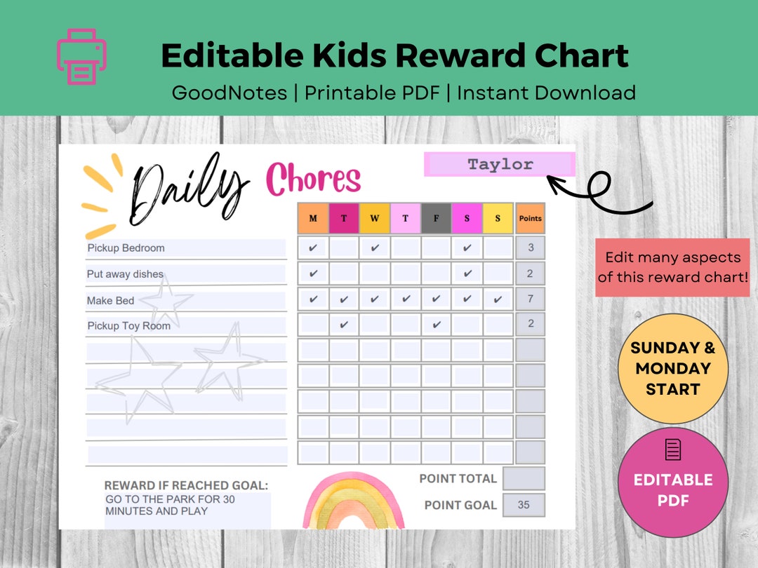 Buy Editable Reward Chart Printable for Kids Chore Chart Online in ...