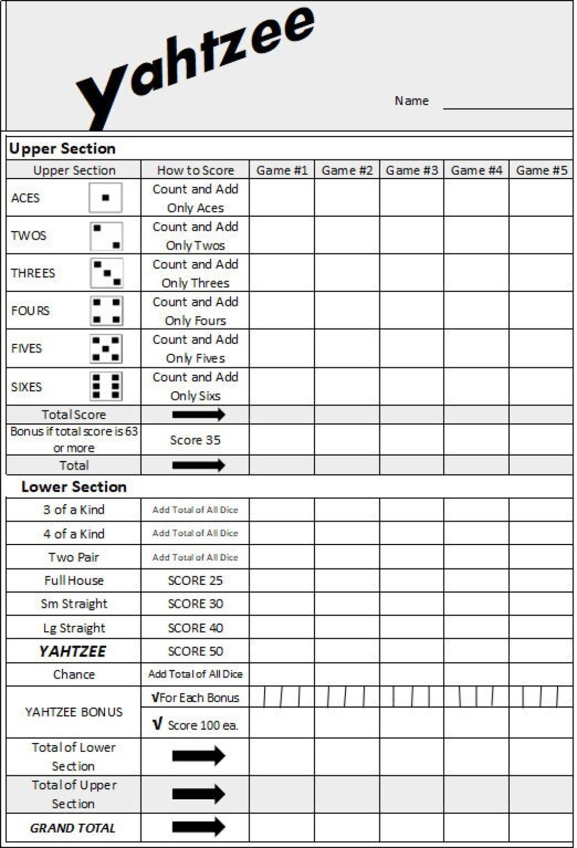 Yahtzee'ss Recreated With a Twopair Total of All Dice Addition Etsy