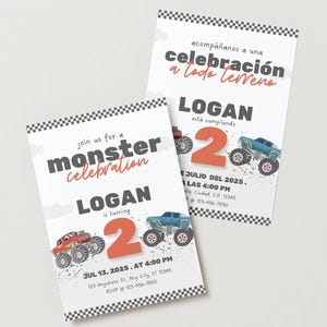 Editable Monster Truck Birthday Invitation, Monster Truck Invite, Red Monster Truck Party Invite | Spanish and English Versions