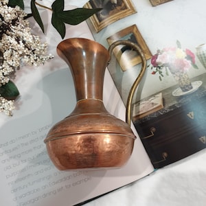 May include: A copper pitcher with a rounded base, a slender neck, and a curved handle. The metal surface displays a warm, metallic brown tone with visible horizontal texture and signs of natural oxidation, creating a weathered appearance.
