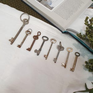 May include: A selection of vintage keys in different shapes and sizes, displayed on a white cloth. The keys show signs of wear and tear, with some exhibiting rust. An open book and some greenery are visible in the background.