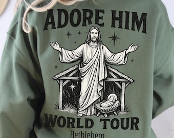 Adore Him World Tour Shirt | Christian Christmas Sweatshirt | Vintage Nativity Rock Tour Tee | Religious Holiday Graphic PNG Design
