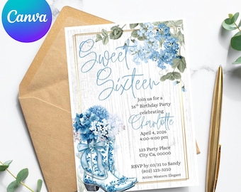 Western Elegant Sweet 16 Invitation Template | Dusty Blue Floral Cowboy Boot Birthday Invite |Formal Boots Theme | Editable Digital Download