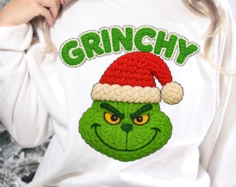 Chunky Crochet Grinch Christmas Face PNG • 3D Yarn Santa Hat Clipart • Bright Color Christmas PNG Sublimation Design