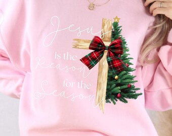 Jesus Is The Reason For The Season PNG, Christian Christmas Sweater Design, Women’s Cross Tree Shirt, Religious Holiday Sublimation File
