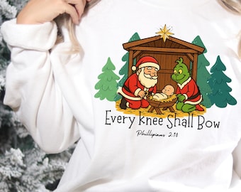 Santa & Grinch Kneeling to Jesus Sweatshirt, Every Knee Shall Bow Philippians 2:10, Christian Christmas Sweater, Grinchmas PNG