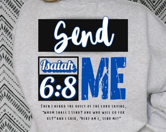 Christian Shirt PNG – Isaiah 6:8 “Here Am I; Send Me” Cross • Front Back • Blue Beige • 4 PNG • 300 DPI Transparent • Digital Download