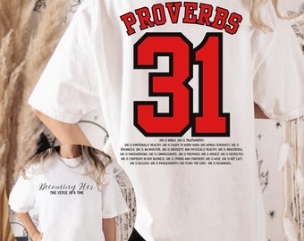 Proverbs 31 Woman Shirt PNG | Jersey Style Christian Shirt Design | Digital Download | Bible Verse Faith Shirt | Becoming Her