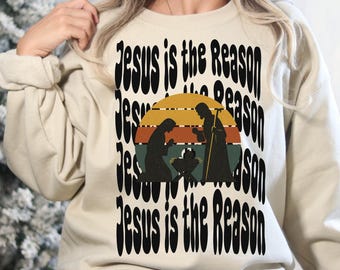 Retro Jesus Is The Reason Christmas PNG | Christian Christmas Sweater Design | Vintage Christmas PNG | Black & Beige PNG | Digital Download