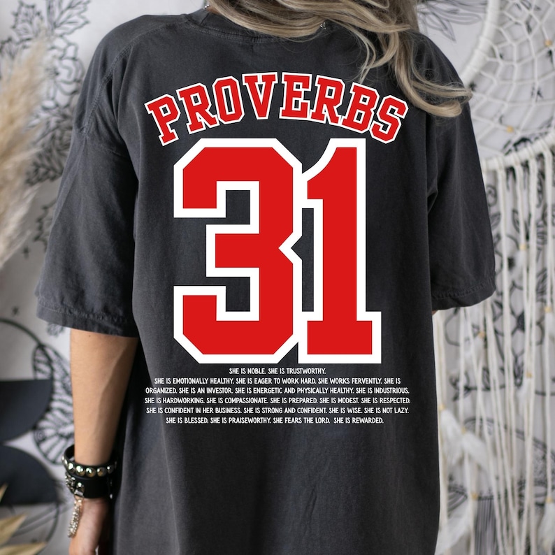 Proverbs 31 Woman Shirt PNG | Jersey Style Christian Shirt Design | Digital Download | Bible Verse Faith Shirt | Becoming Her image 4