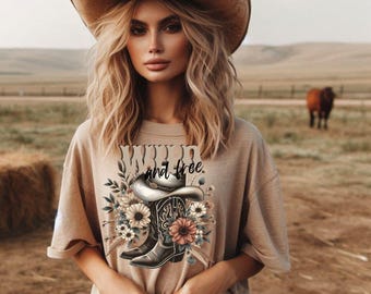 Wild and Free Country Western Distressed muted PNG download Boots and hat Flowers