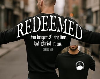 Redeemed PNG Christian Shirt Design • Galatians 2:20 Verse • Old English Street Style • Youth Group | Men’s Faith Shirt | Digital Download