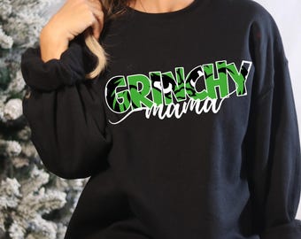 Grinchy Mama PNG, Grinch Face Word Art, Christmas Mom Shirt Design, Green Grinchy Text, Black & White Font, Instant Digital Download