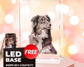 Memorial fotográfico 3D personalizado para mascotas en cristal, retrato de K9 grabado en cristal (base LED multicolor incluida).